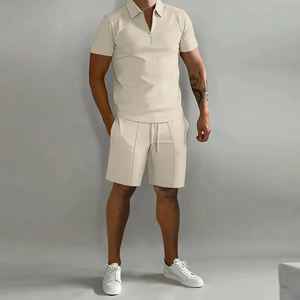 Men's Solid Blue Polo T-Shirt and Shorts <b>Set</b> Casual Summer Wear Quarter-Zip <b>Knitted</b> Breathable Outfit - Product Image 3