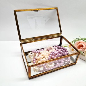 glass jewelry box 3 compartment gold brass frame hinged lid trinket holder keepsake display <b>ring</b> earring <b>storage</b> mirrored bottom - Product Image 2