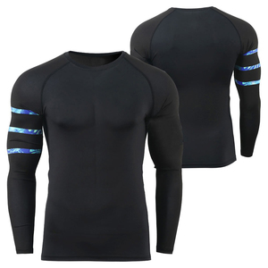<b>Men</b> Long Sleeve Rash Guard <b>Black</b> With Blue Stripe Compression Swim Shirt Quick Dry UV Protection - Product Image 3