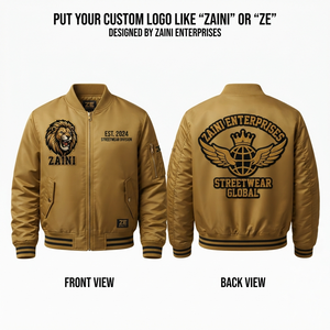 Chaqueta Bomber para Hombre, 220 GSM, Poliéster Satinado Premium Color Caqui, Bordado Personalizado, Parche de Chenilla, Etiqueta Tejida con Logotipo, OEM, ODM - Product Image 1