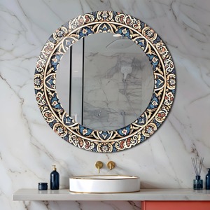 Persian Floral Print Handmade <b>Round</b> Decorative Wall <b>Mirror</b> with Bone Inlay From REHMAN CRAFT - Product Image 1