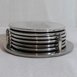 Handcrafted Metal Grape Motif Round <b>Coaster</b> Set With Holder <b>Silver</b> Drink <b>Coasters</b> Tableware Decorative Unique Handicraft Item - Product Image 6