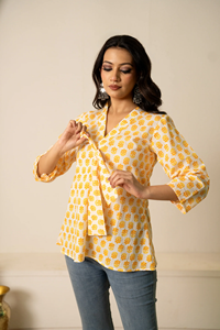 Sukoon Dotty <b>Yellow</b> Hand Block Printed Cotton Tunic Top for Women with <b>Tie</b>-Up Neck | Casual Summer Wear Wholesale Export - Product Image 3