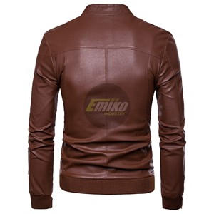 Chaqueta de Cuero PU para Hombre, Corte Ajustado, Color Marrón, Cuello Alto, Cierre de Cremallera, Estilo Motero, Informal, para Otoño - Product Image 2