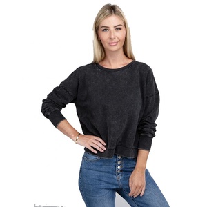 เสื้อสเวตเตอร์คอกลมผ้าฝ้ายระบายอากาศได้ดีของผู้หญิงเสื้อขนแกะฟอก100% วินเทจซักสีได้โลโก้ตามต้องการ - Product Image 1