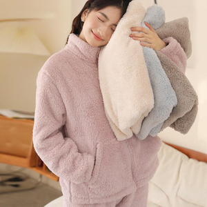 Conjunto de Pijama de Forro Polar para Mujer, Manga Larga, Color Sólido, Cierre Frontal con Cremallera, Ropa de Dormir Cálida para Invierno, Tejido Suave, 100% Poliéster - Product Image 3
