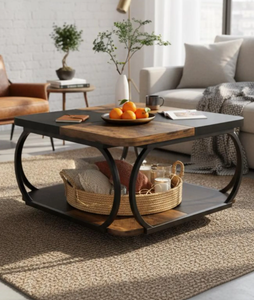 Minimalist Furniture Century Style <b>Walnut</b> Coffee <b>Table</b> Black Metal Frame Modern Living Room Center <b>Table</b> Rectangular Wood Top - Product Image 2