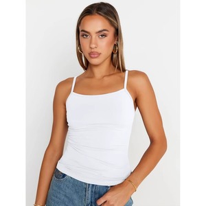 Top de Tirantes Finos para Mujer, Color Blanco Sólido, Cuello Redondo, Corte Ajustado, Minimalista, Tejido de Algodón y Elastano, Transpirable, Informal, para Verano - Product Image 6