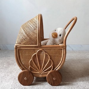 En gros, poussette de poupée vintage en rotin naturel à roues, chariot de jeu d'imitation pour chambre d'enfant - Product Image 5