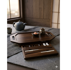 Plateau de service à sushi classique en bois d'acacia avec tiroir de rangement pour ustensiles, plat poli pour la manipulation des aliments, pour la maison et la restauration - Product Image 1