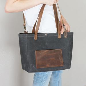 Sac fourre-tout en cuir et toile vintage, sac à bandoulière, sac de voyage, sac de travail, sac de shopping, grande capacité, durable, broderie ouverte LCTB-0080 - Product Image 4