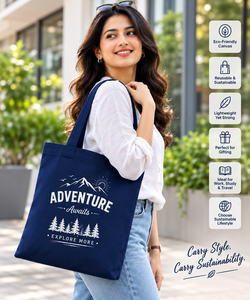 Bolsa de Lona Azul Marino AMANI de 16x14 Pulgadas con Estampado 'Adventure Awaits' y Asas con Correa para el Hombro para Uso Diario y de Viaje - Product Image 4