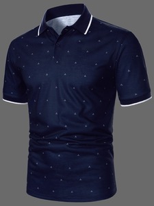 เสื้อโปโลแขนสั้นสีน้ำเงินเข้มสำหรับผู้ชาย ทรงเข้ารูป ผ้าถัก ลายจุด แต่งขอบตัดสี - Product Image 2