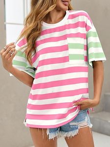 <b>Womens</b> Oversized Color Block Striped <b>Top</b> Summer Casual Short Sleeve <b>Tops</b> Loose Fit Crew Neck Shirts - Product Image 2