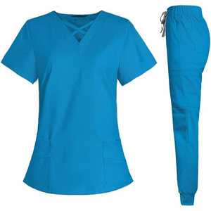 Tenues médicales professionnelles unisexes, ensembles de blouses et pantalons de couleur unie à col en V, étiquettes personnalisées, en rayonne respirante et imperméable pour hôpital - Product Image 4