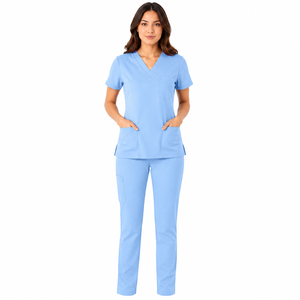Women's Light Blue Short Sleeve <b>Scrub</b> Top And Pants Set O-Neck Regular Fit Solid Color <b>Work</b> Uniform Casual Wear All Seasons - Product Image 1