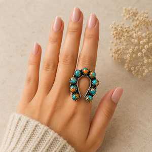 Wholesale Handmade 925 Sterling Silver Horseshoe Spiny Oyster Copper Turquoise <b>Statement</b> <b>Ring</b> Boho Vintage Opaque Gemstone - Product Image 1