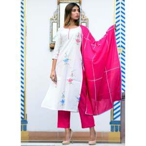 Magnifique ensemble de costume en mousseline de coton rose pour femme, peint à la main, avec dupatta brodée Gotta Jaal - Taille XS - Product Image 5