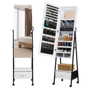 Armadietto a Specchio LED Bianco con Base in Legno, Specchio Intero e 1 Grande Cassetto, 4 Ruote, Luci LED Bianche per Conservazione Gioielli - Product Image 6