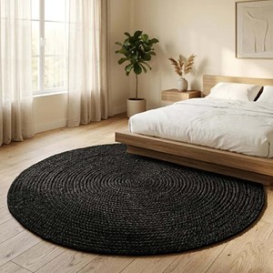 Black Handwoven Jute Round <b>Rug</b>, Natural Braided <b>Boho</b> Area Carpet, Eco Friendly Farmhouse Decor - Product Image 3