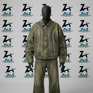 Conjunto de dos piezas de chaqueta y pantalón de cuero oversize con cuello alto, estilo vintage, desgastado, con estampado, impermeable, para streetwear, precio mayorista - Product Image 1
