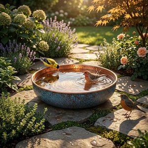 Bassin à oiseaux moderne en métal verdigris fait main, mangeoire décorative pour oiseaux de jardin, bassin d'eau pour patio et cour - Product Image 5