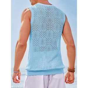 2025 Men's Sleeveless Crewneck Tank <b>Top</b> Casual <b>Mesh</b> Hollow Cotton Knit Summer Beach T Shirt Hip Hop Bodybuilding Style XL - Product Image 2