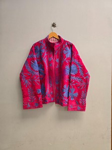 Handcrafted Women Velvet <b>Jacket</b> with Intricate Floral Embroidery and Standing Collar Vibrant Pink Hue <b>Jacket</b> - Product Image 2