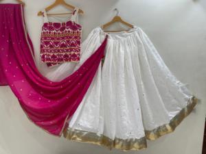 Ensemble Lehenga Choli brodé, robe ethnique pour femmes avec dupatta, blanc et rose, tenue de fête de mariage - Product Image 4