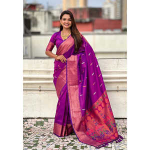 Sari Tradicional Paithani de Seda Morada Elite Weaves, 650g, Tejido Doble Zari, Ropa India y Pakistaní - Product Image 6