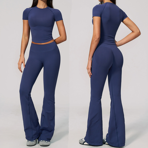 <b>Women</b> Seamless Yoga Sets 2 Piece <b>Short</b> Sleeve Crew Neck Top High Waist Flared <b>Leggings</b> Solid Active Wear - Product Image 3