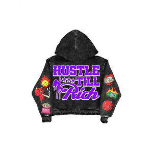 Ensemble de survêtement pour homme en coton 100% délavé à l'acide, style streetwear délavé, sweat-shirt à capuche et pantalon de survêtement, fermeture éclair, strass, coupe ample pour l'hiver - Product Image 3