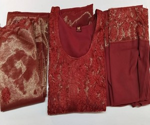 MODERN TWILL COTTON EMBROIDERY WORK <b>TOP</b> BOTTOM WITH DUPATTA FESTIVE WEAR WHOLESALE PRICE ETHNIC GARMENT MAROON - Product Image 3