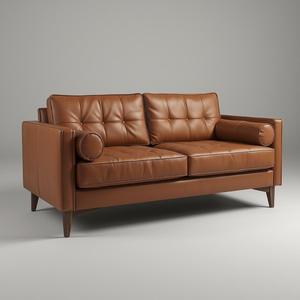 Canapé deux places haut de gamme en cuir de vachette véritable avec dossier capitonné et coussin décoratif, idéal pour le salon – Direct Usine - Product Image 1