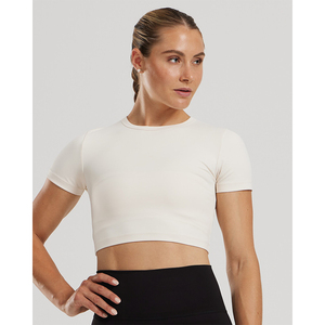 Ivory Crop <b>Top</b> Short Sleeves Crew Neck Minimalist Style Breathable Four-Way Stretch Knitted Polyester/Cotton <b>Sequined</b> Women - Product Image 1