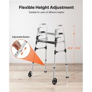 Deambulatore Pieghevole a 2 Pulsanti con Ruote da 5 Pollici e 8 Livelli di Regolazione dell'Altezza - Capacità di Carico 350 Libbre - Leggero in Alluminio - Product Image 4