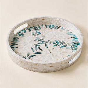 Bandeja Decorativa de Mesa de Centro con Incrustaciones de Madreperla Ecológica Hecha a Mano, Moderna y Lujosa con Mosaico Floral para Servir - Product Image 1