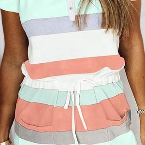 Women's Striped Knitted <b>Jumpsuit</b> Short Sleeve V-Neck Loose Fit <b>With</b> <b>Pockets</b> Breathable Casual Spring Summer Wear - Product Image 2