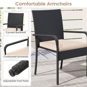 Set Bistrot da Giardino in Ferro Beige con Sedie in Vimini PE Resistente alle Intemperie e Tavolino Laterale in Vetro a 2 Ripiani - Product Image 3