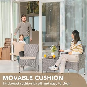 Premium 3 Pieces PE Rattan <b>Garden</b> Furniture Set Grey Outdoor Wicker Bistro Conversation Chairs with Square <b>Coffee</b> <b>Table</b> - Product Image 2