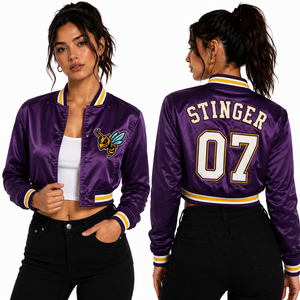 Custom Cropped Satin Varsity <b>Jacket</b> Women Embroidered Team Logo Front Player Name Number Back Fashion Streetwear Wholesale Maker - Product Image 1