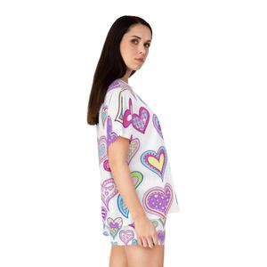 Conjunto de Top de Manga Corta con Cuello Redondo y Estampado de Corazones Coloridos para Mujer y Pantalones Cortos por Encima de la Rodilla, Ropa Casual de Primavera/Verano, Tejido Transpirable, 2 Piezas - Product Image 3