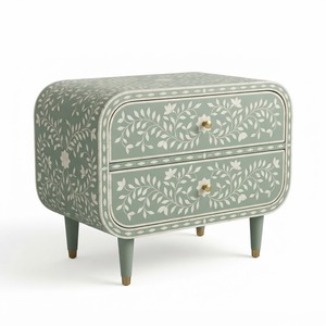 Luxury <b>Blue</b> Bone Inlay <b>Bedside</b> <b>Table</b> Floral Pattern Nightstand Bedroom Storage Cabinet Customized Wholesale Indian Furniture - Product Image 3