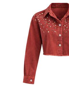 Chaqueta Vaquera Roja Corta Personalizada para Mujer con Cierre de Botones Frontales con Pedrería, Manga Larga, Estilo Urbano, Top para Fiesta - Product Image 4