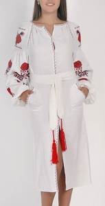 Vestido Maxi Ucraniano Bordado de Algodón 100% con Cintura Natural, Diseño Personalizado, Cuello en V, Frente Abierto, Casual y Elegante con Cinturón - Product Image 3