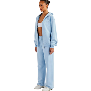 Womens Full <b>Zip</b> <b>Hooded</b> Tracksuit Set Wide Leg Trousers Drawstring Waist Loose Fit Two Piece Lounge Travel Everyday Street Outfit - Product Image 4
