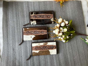 Nuevo elegante estilo occidental pelo en Hide Tooled Fur Leather Clutch mujeres diseñado monedero Venta caliente Tooled Leather Zipper Wallet - Product Image 3