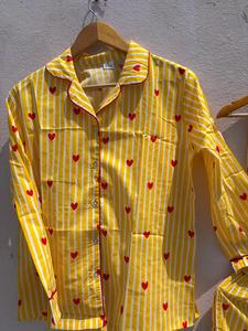 Women Cotton Pajama <b>Set</b> Yellow Stripe Heart Print Nightwear With Pouch Button Down Sleepwear Soft Breathable <b>Lounge</b> <b>Set</b> - Product Image 2