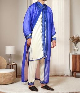 Túnica Larga de Seda Azul para Hombre, con Bordado, Antiarrugas, Estilo Tradicional Africano, Elegante - Product Image 1