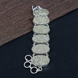 Golden Pyrite Druzy Bracelet 925 Sterling Silver Boho Handmade Gemstone Jewelry Statement Gift For Women - Product Image 5